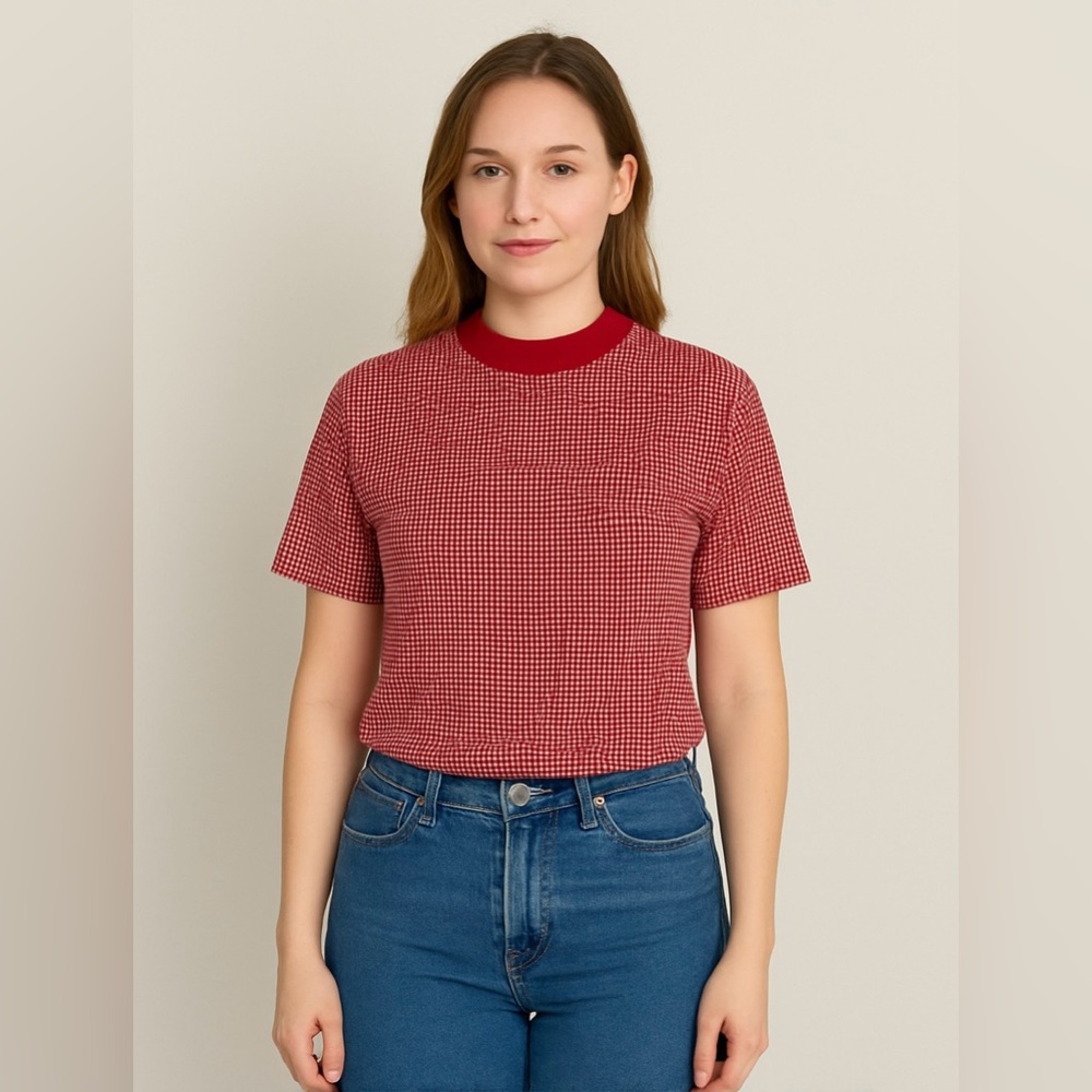 Vintage JC Penney Red Grid Mock Neck Tee 70s 80s Retro Unisex Shirt XL